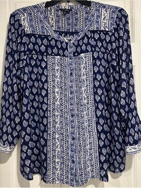 Lucky Brand Blue & White Printed Rayon Top XL Boho Button Front Crochet Trim